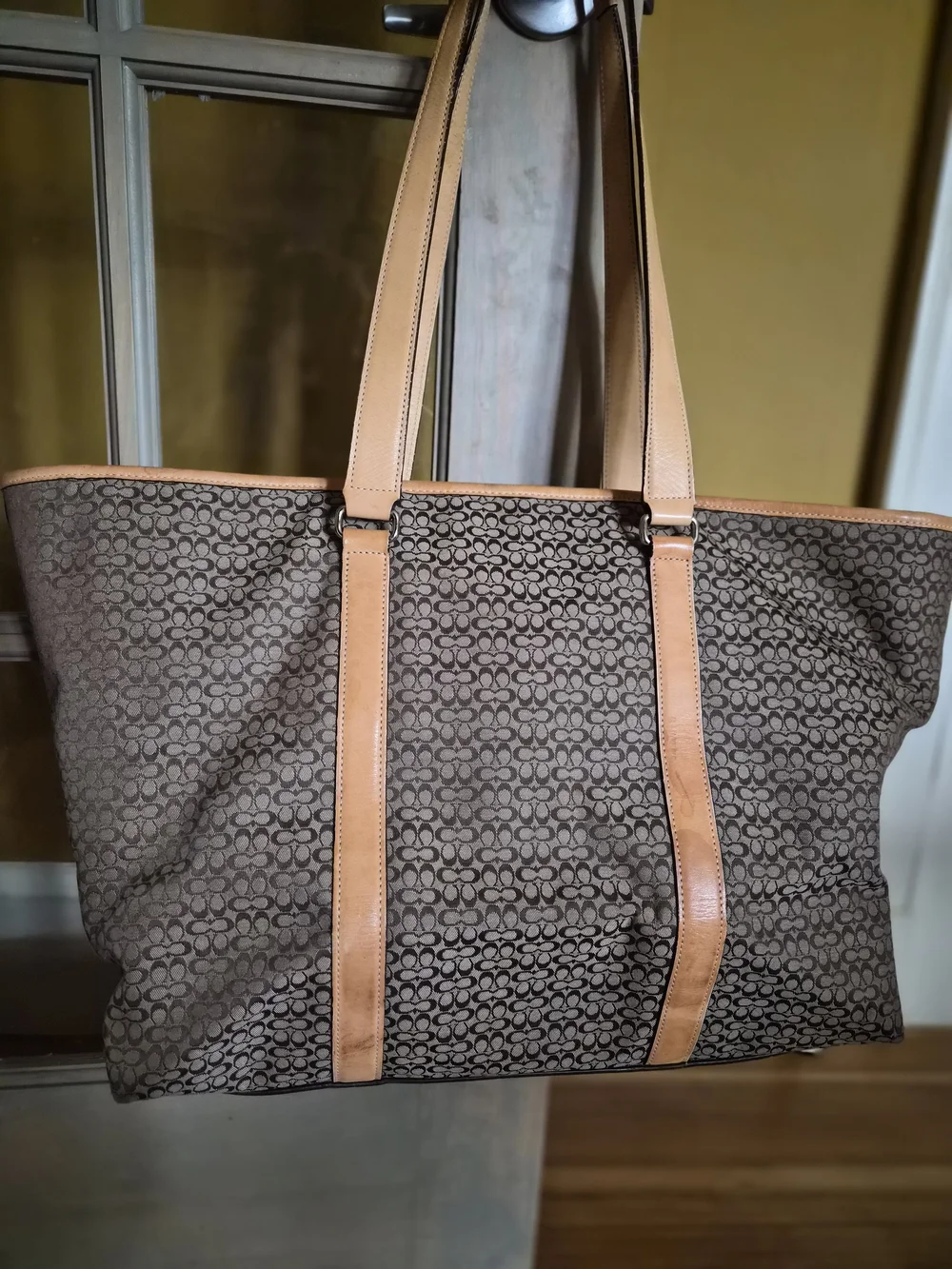 Coach Brown Signature Canvas Tote with Tan Leather Trim